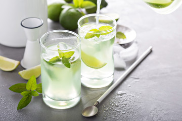 Refreshing cold cocktail with mint and limes