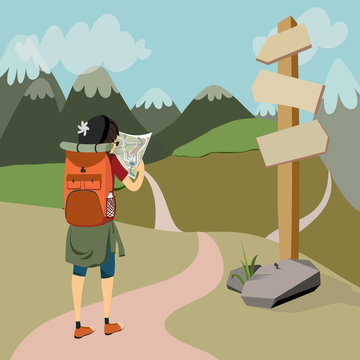 hiker with backpack on mountain trail cheks map