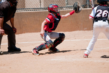 Obraz premium Youth baseball catcher and umpire