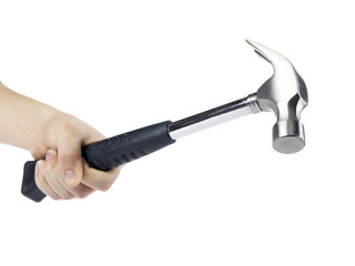 human hand holding a steel hammer
