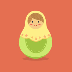 Cute Russian doll with yellow hood and green costume in red orange background.