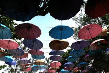 Fototapeta na wymiar Umbrella hanging in the air in the garden.