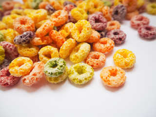 Colorful fruit flavored cereal, selective focus