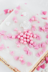 glazed  cake decorated with hearts