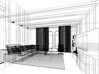 sketch design of living room ,3dwire frame render