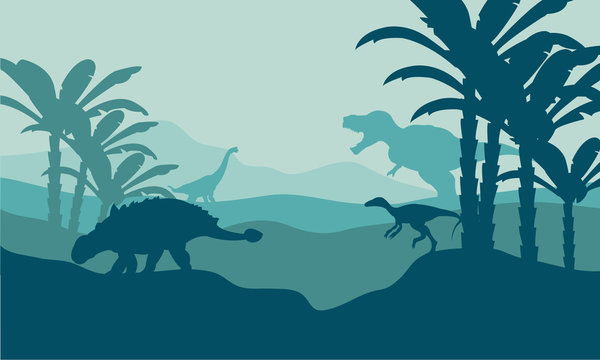 Silhouette of eoraptor and ankylosaurus