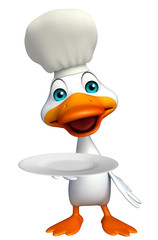 Duck cartoon character with chef hat and dinner plate