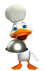Duck cartoon character with chef hat and cloche