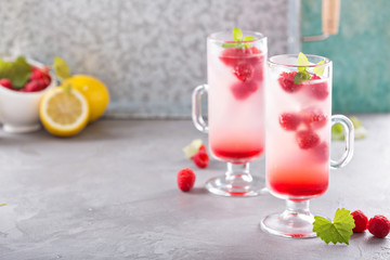 Pink raspberry lemonade in tall glasses