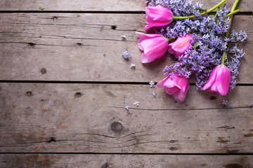 Background with fresh aromatic lilac  and pink tulips flowers on