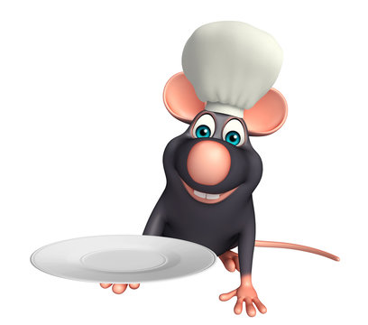  Rat cartoon character  with chef hat and dinner plate