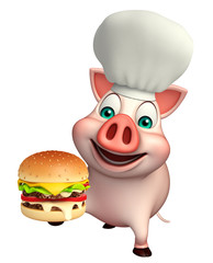  Pig cartoon character with chef hat and burger