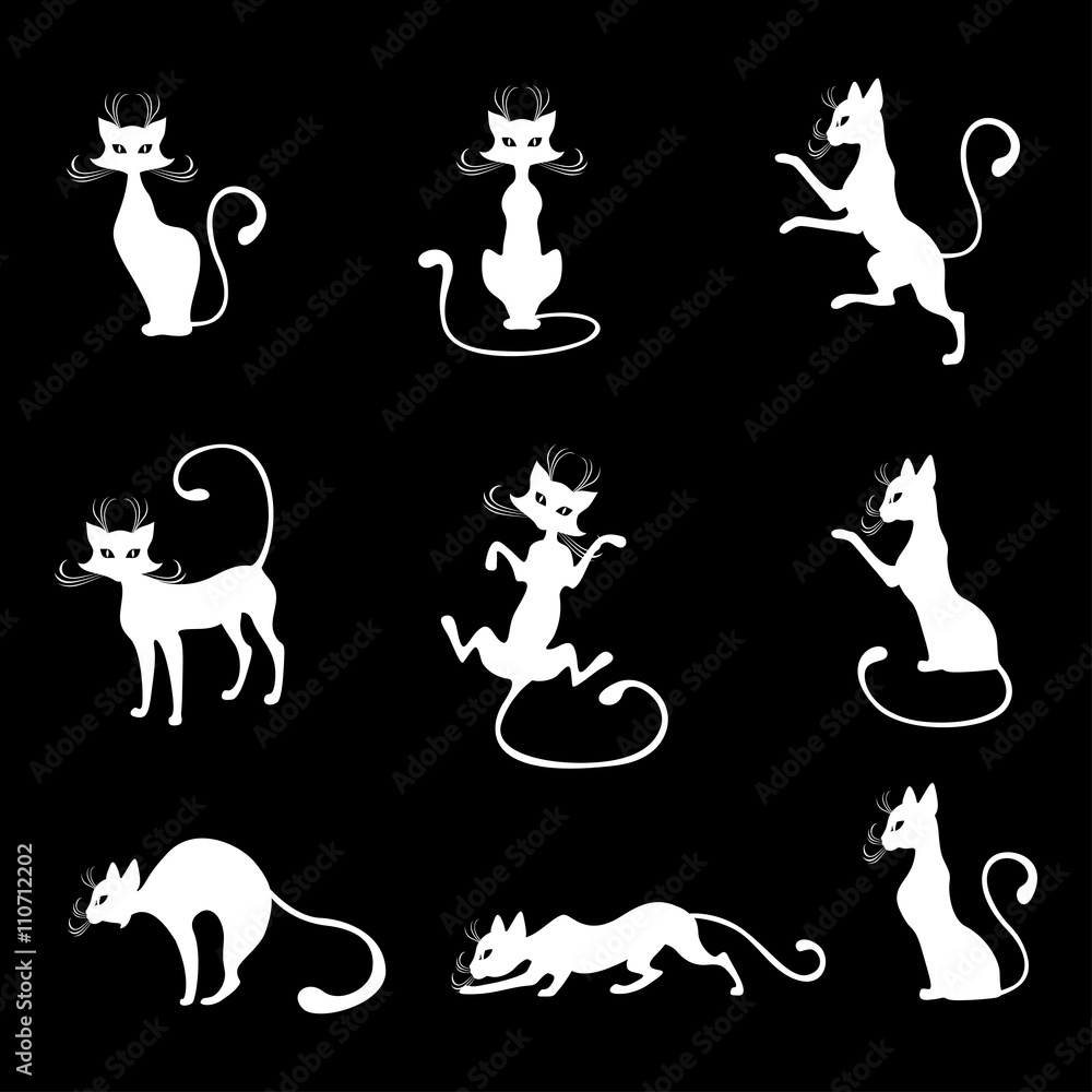 Sticker White cats set on black background