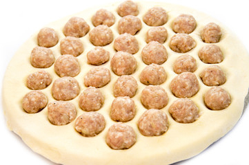 Traditional Russian meat food on white and blue background
