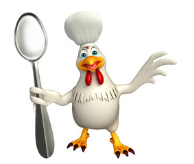  Hen cartoon character with chef hat and spoons