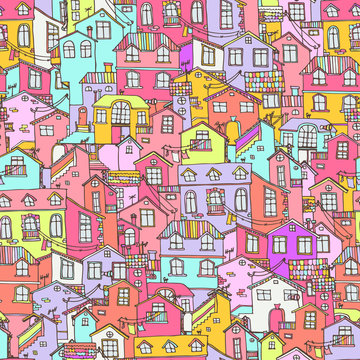 Hand drawn background with doodle houses. © valeriya_dor