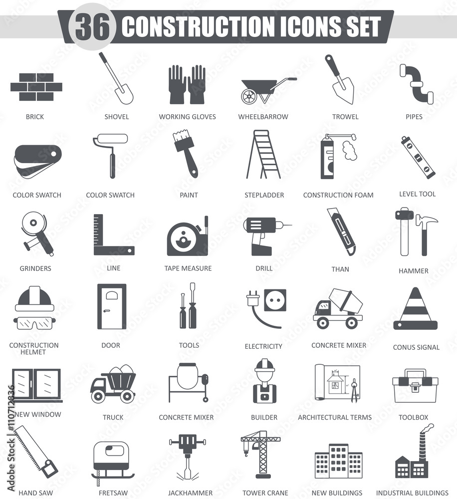 Poster vector construction and building tools black icon set. dark grey classic icon design for web.