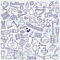 Health care and medicine icon set. Vector doodle illustrations.