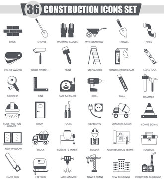 Vector Construction and building tools black icon set. Dark grey classic icon design for web.