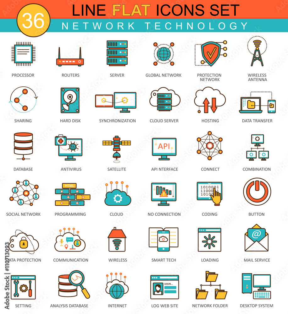 Aufkleber vector network technology flat line icon set. modern elegant style design for web.