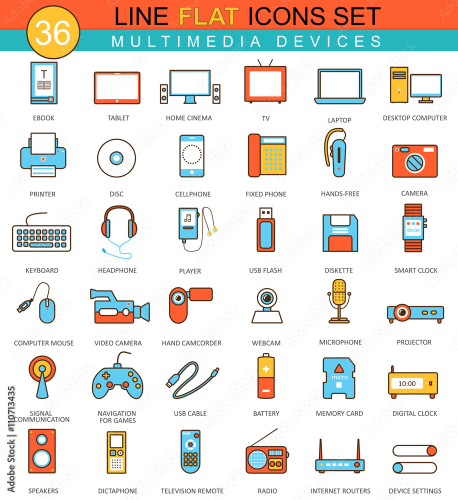 Poster Vector Multimedia devices  flat line icon set. Modern elegant style design for web.