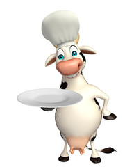 Caw cartoon character with chef hat and dinner plate