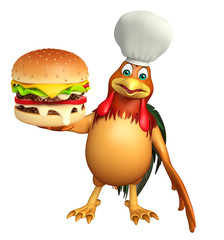 chiken cartoon character with chef hat  and burger