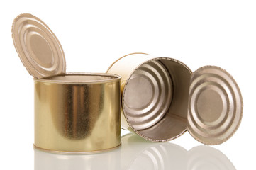 Open empty tin cans isolated on white.