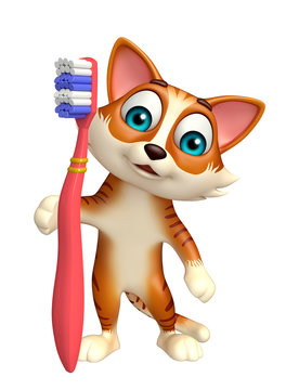 Cat Cartoon Character With Tooth Brush