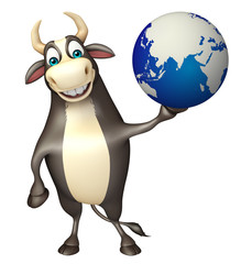 Bull cartoon character with earth