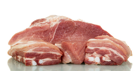 Fragments  fresh raw pork meat isolated on white background.