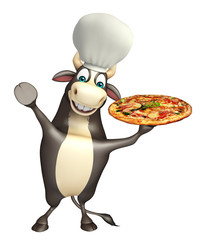 Bull cartoon character with chef hat and pizza
