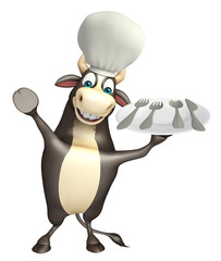 Bull cartoon character with chef hat and dinner plate