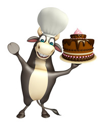 Bull cartoon character with cake and chef hat