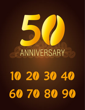 Set of coffee anniversary icons. Vector birthday card of cafe or coffee company with festive numbers and golden beans. 
