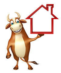 Bull cartoon character with home sign