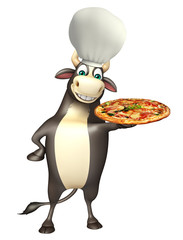 Bull cartoon character with chef hat and pizza