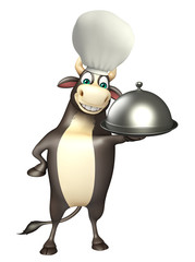 Bull cartoon character with chef hat and cloche