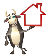 Bull cartoon character with home sign