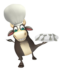 Bull cartoon character with chef hat and dinner plate