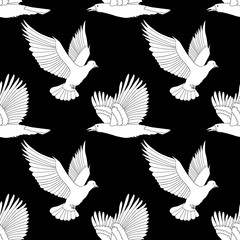 Seamless pattern with flying raven and dove. 