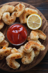 Close-up of fried king shrimps in panko breadcrumbs, top view
