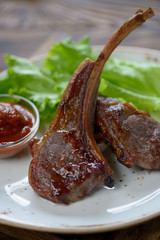 Close-up of barbecued lamb steaks, selective focus