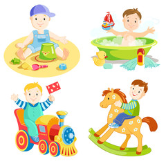 Boy playing. Child toys. Bath, sandpit, toy horse and train.