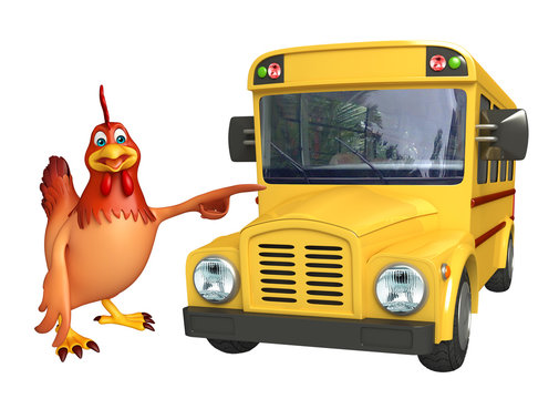 3d rendered illustration of Hen cartoon character with school bus