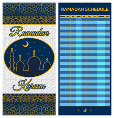 Ramadan Calendar Schedule - Fasting, Iftar and Prayer time table Guide. Translation: Holy Ramadan. Morning, Sunrise, Noon, Afternoon, Evening, Night