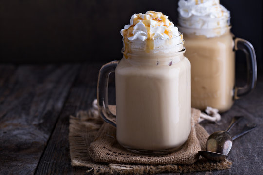 Iced coffee with caramel and whipped cream