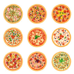 Different pizza food icons set collection isolated. Pizza menu illustration.