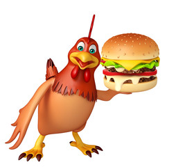 3d rendered illustration of Hen cartoon character with burger