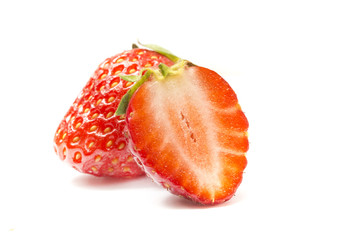 Red berry strawberry isolated on white background. Strawberry isolated on white. Sweet strawberries. Food for health. Slices of strawberry on white. Juicy strawberries for packaging. Eco-friendly food